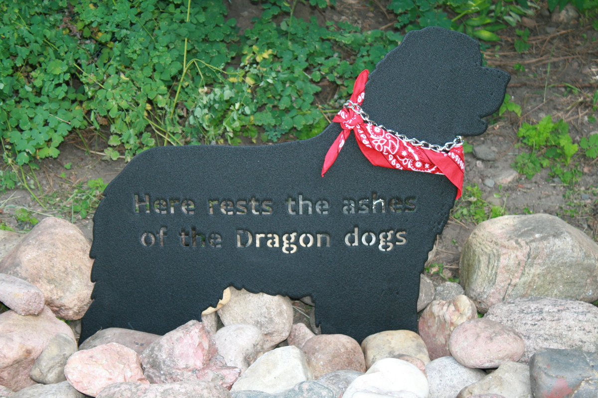 Newfoundland garden stake silhouette with red bandana, black finish Rustica Ornamentals lawn ornament on Tampa Home & Garden Store