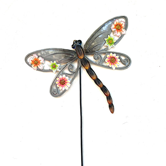 Silver Floral Dragonfly Garden Stake