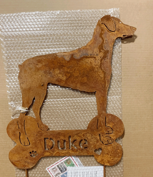 Doberman Pinscher garden stake style 2 by Rustica Ornamentals, rusted metal hanging silhouette on Tampa Home & Garden Store