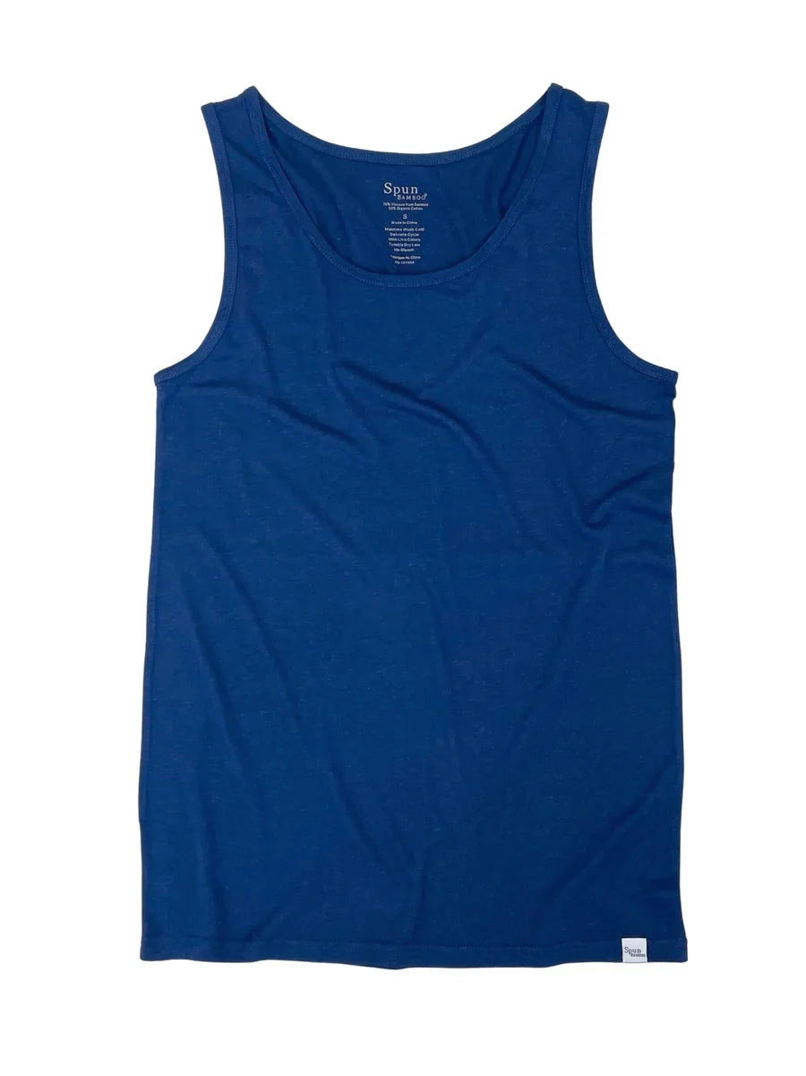 Men's bamboo viscose tank top in true navy by Spun Bamboo with brand tag visible on Tampa Home & Garden Store