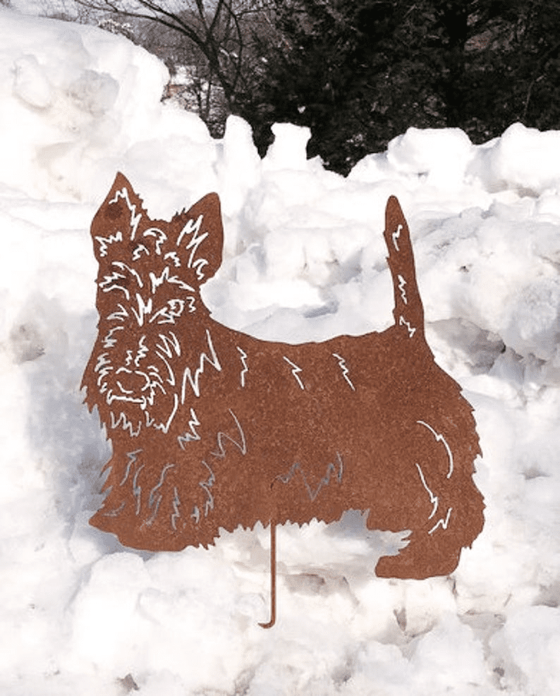 Scottish Terrier garden stake metal sculpture in rust color by Rustica Ornamentals on Tampa Home & Garden Store