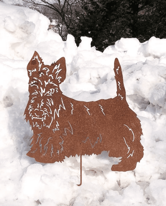 Scottish Terrier garden stake metal sculpture in rust color by Rustica Ornamentals on Tampa Home & Garden Store