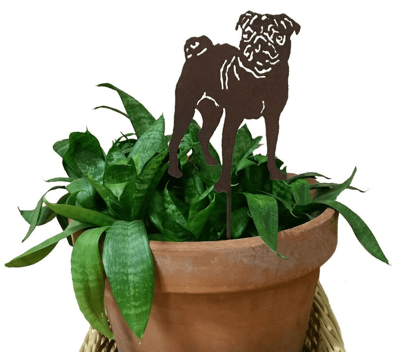 Pug plant stake by Rustica Ornamentals, metal silhouette in a terracotta pot with green leaves on Tampa Home & Garden Store