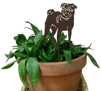 Pug plant stake by Rustica Ornamentals, metal silhouette in a terracotta pot with green leaves on Tampa Home & Garden Store