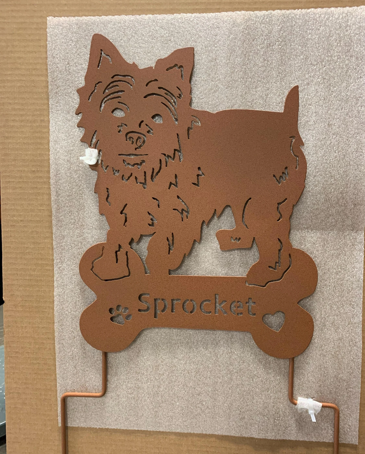 Yorkie dog wall art silhouette in rust metal finish, garden sculpture by Rustica Ornamentals on Tampa Home & Garden Store