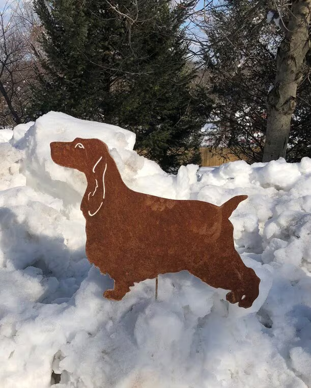 English Cocker Spaniel garden stake in rust-colored metal by Rustica Ornamentals on Tampa Home & Garden Store