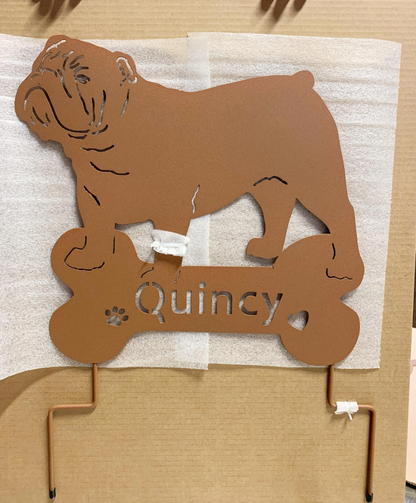 Bulldog garden statue wall art in brown metal with Quincy name cutout on Tampa Home & Garden Store