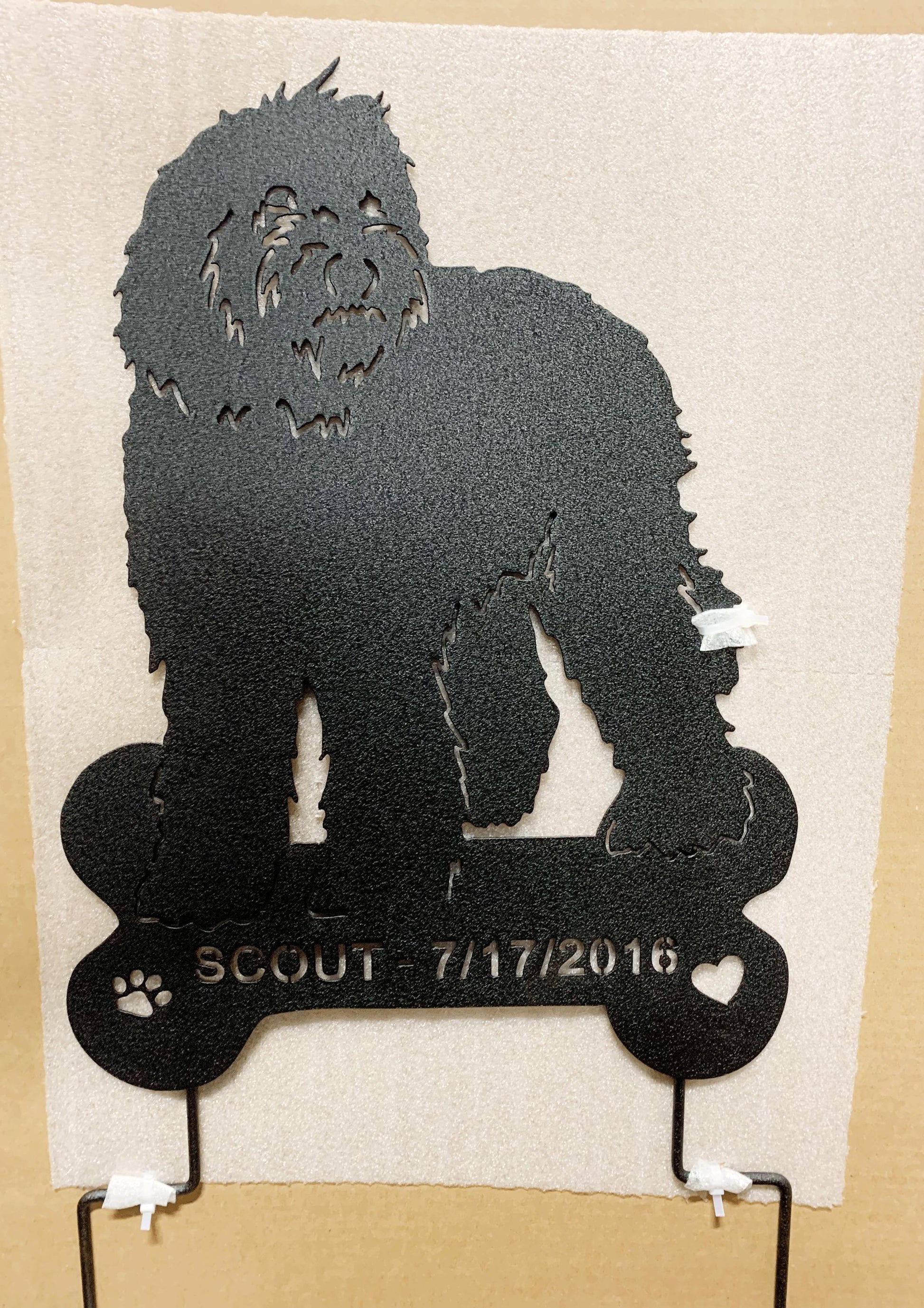 Labradoodle garden stake silhouette in black metal with paw print cutout Rustica Ornamentals on Tampa Home & Garden Store