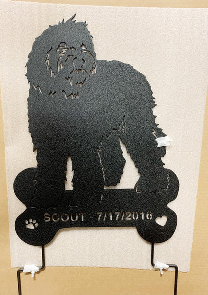 Labradoodle garden stake silhouette in black metal with paw print cutout Rustica Ornamentals on Tampa Home & Garden Store