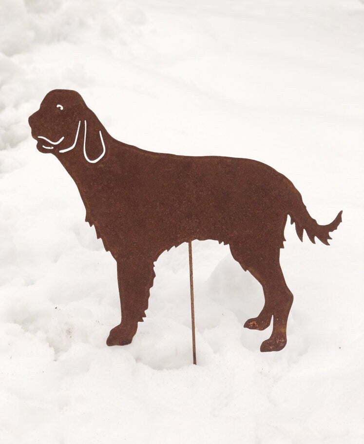 English Setter garden stake silhouette in rust metal by Rustica Ornamentals for lawn decor on Tampa Home & Garden Store