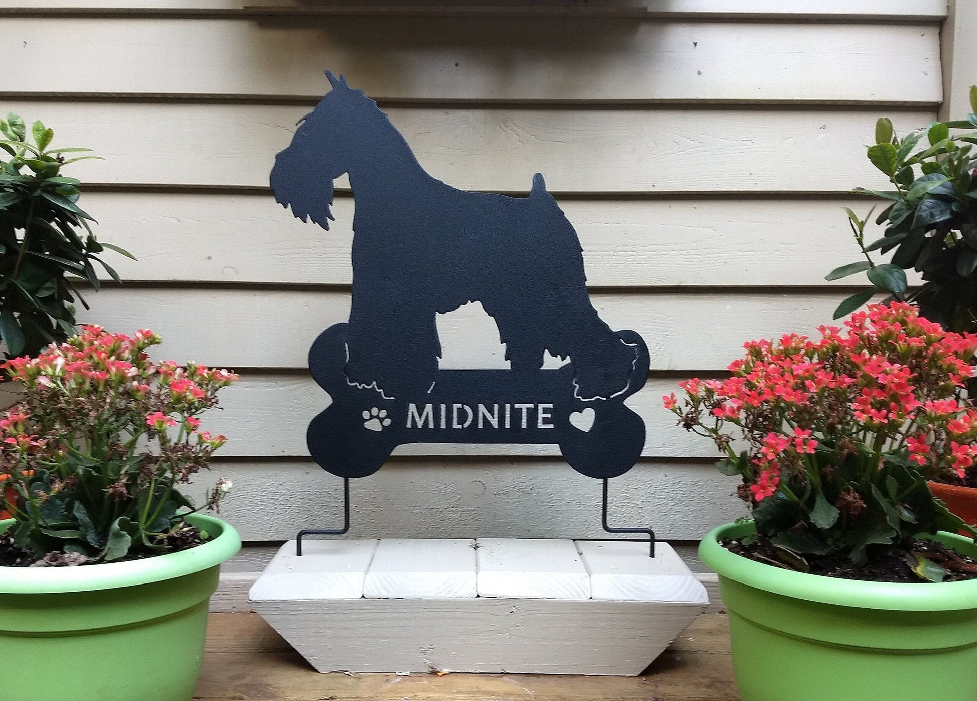 Miniature Schnauzer garden stake silhouette in dark metal by Rustica Ornamentals, lawn ornament on Tampa Home & Garden Store