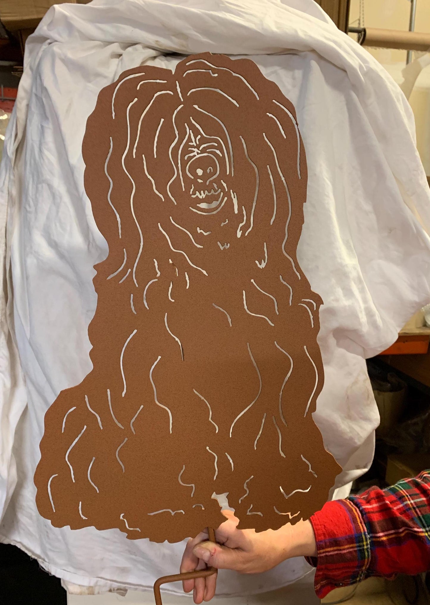 Tibetan Terrier garden stake by Rustica Ornamentals, brown metal with white fur lines on Tampa Home & Garden Store