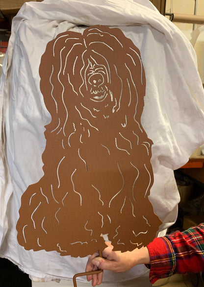 Tibetan Terrier garden stake by Rustica Ornamentals, brown metal with white fur lines on Tampa Home & Garden Store