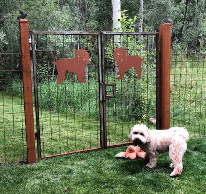 Rustica Ornamentals Wheaten Terrier garden stake with two terrier silhouettes on a rust metal gate on Tampa Home & Garden Store