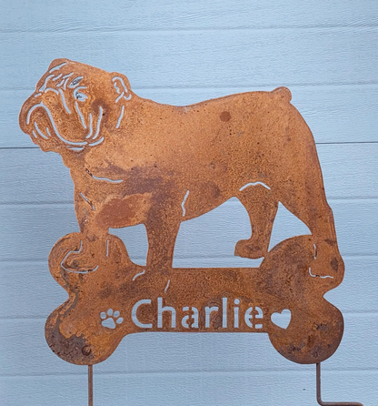 Bulldog garden statue in rusted metal by Rustica Ornamentals, lawn ornament for yard on Tampa Home & Garden Store