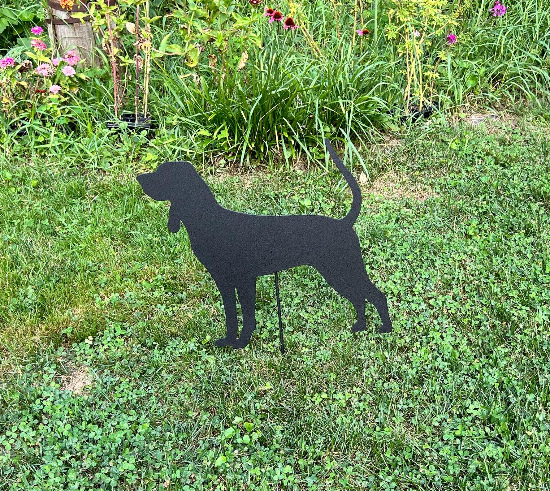 Black and Tan Coonhound garden stake silhouette, black metal lawn ornament by Rustica Ornamentals on Tampa Home & Garden Store