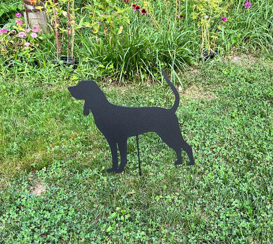 Black and Tan Coonhound garden stake silhouette, black metal lawn ornament by Rustica Ornamentals on Tampa Home & Garden Store