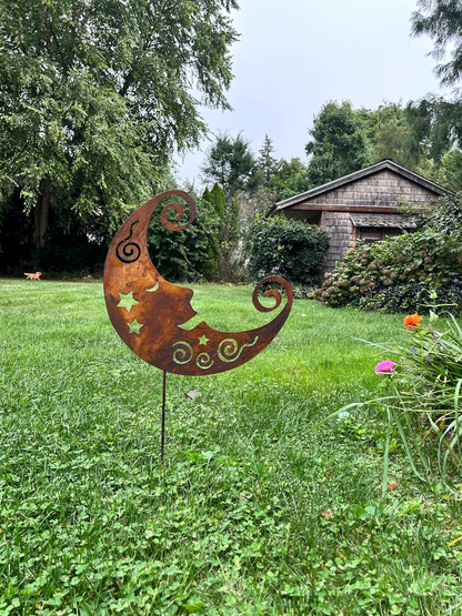 Metal Moon wall art garden stake with rust finish by Rustica Ornamentals on Tampa Home & Garden Store