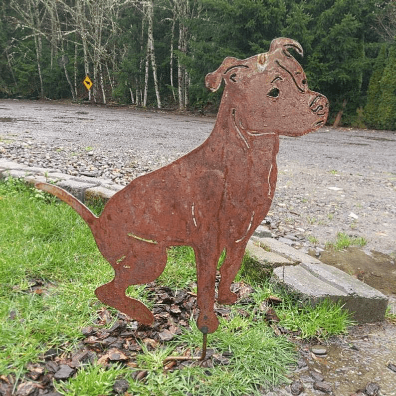 Pit bull garden statue in rusty metal with stake base Rustica Ornamentals on Tampa Home & Garden Store