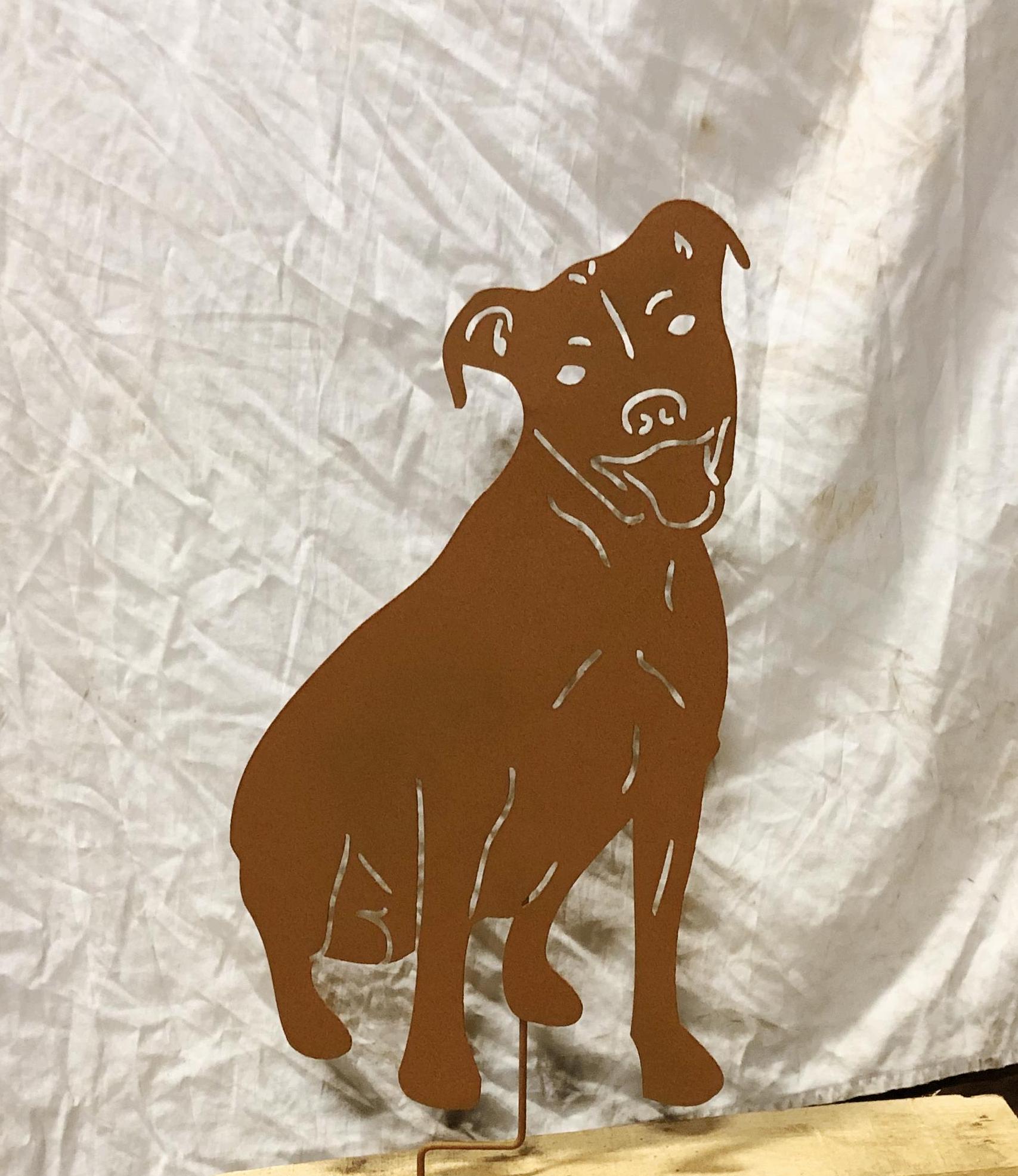 Pit Bull garden statue metal silhouette rust-colored lawn ornament on stake on Tampa Home & Garden Store