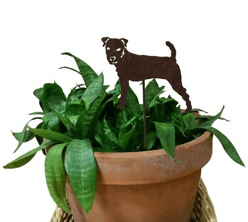 Jack Russell Terrier plant stake, dark brown metal silhouette in terracotta pot with green plant by Rustica Ornamentals on Tampa Home & Garden Store