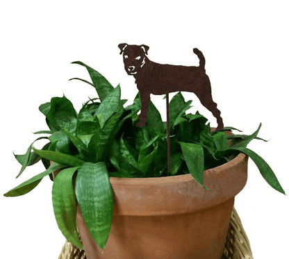Jack Russell Terrier plant stake, dark brown metal silhouette in terracotta pot with green plant by Rustica Ornamentals on Tampa Home & Garden Store