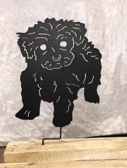 Tea Cup Poodle garden stake silhouette in black metal with curled fur detailing on Tampa Home & Garden Store