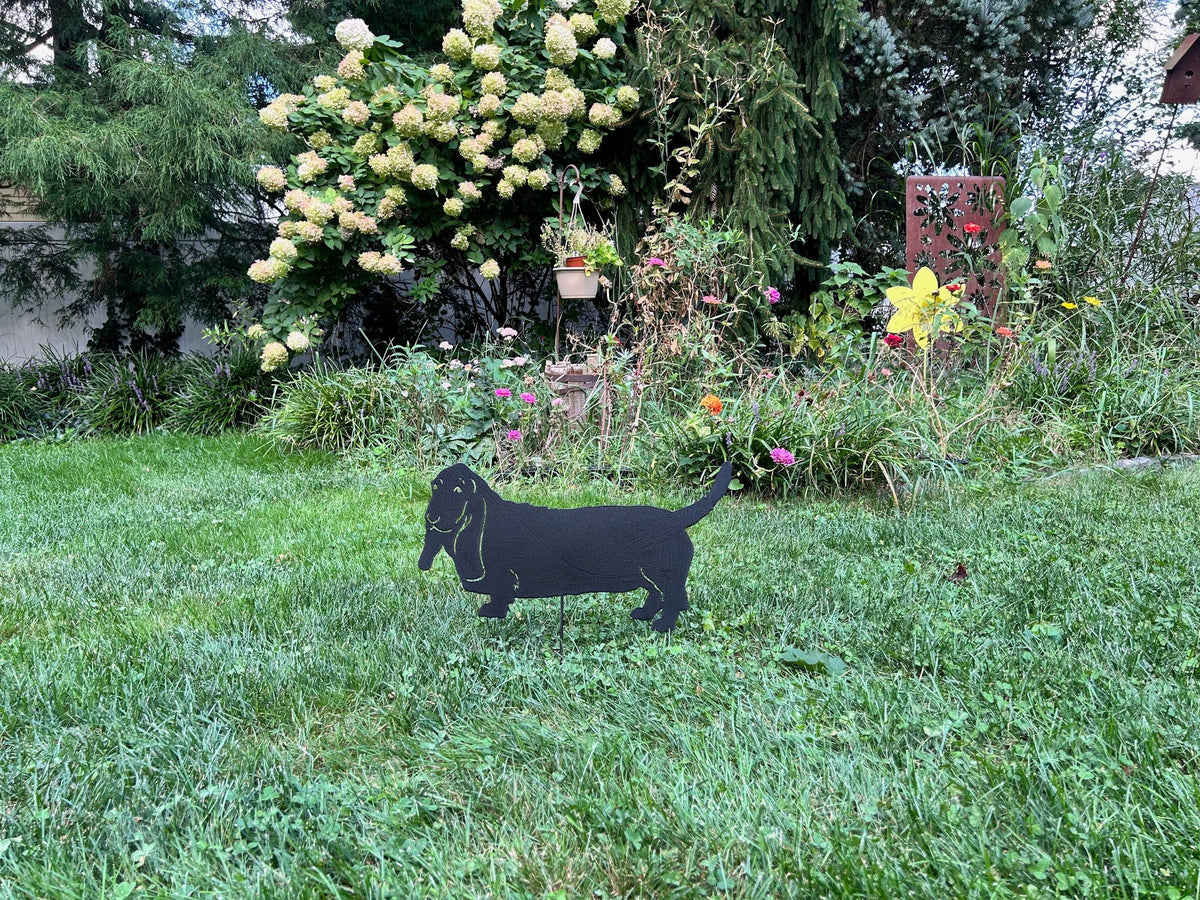 Basset Hound lawn statue silhouette by Rustica Ornamentals, metal garden ornament on Tampa Home & Garden Store