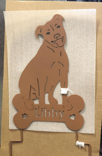 Pit bull garden statue silhouette in brown metal with engraved lines, lawn ornament on Tampa Home & Garden Store