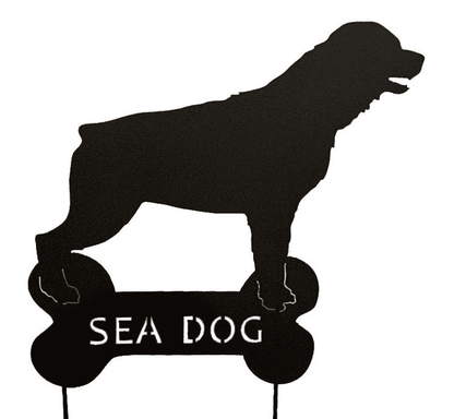 Rottweiler garden stake silhouette on bone-shaped base with Sea Dog text Rustica Ornamentals on Tampa Home & Garden Store