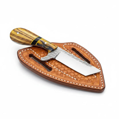 The Iron Maverick rasp steel ranch knife with olivewood and resin handle and leather sheath on Tampa Home & Garden Store