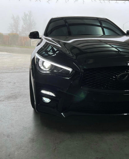 Infiniti Q50 RGBW Flow Series LED DRL boards on black front view with bright LED headlights on Tampa Home & Garden Store