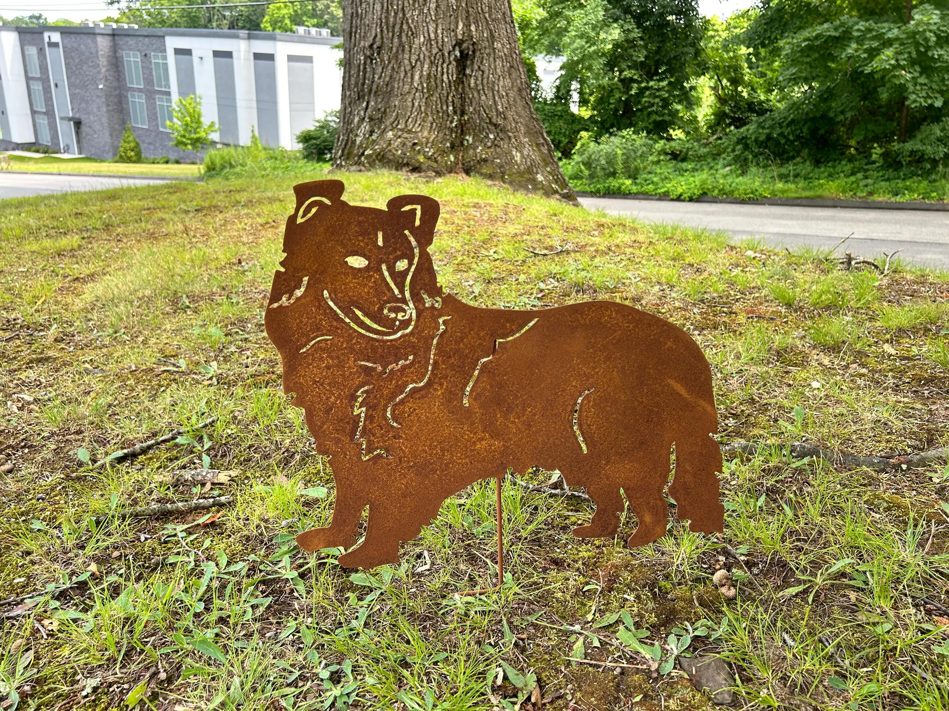 Shetland Sheepdog rusted metal garden stake silhouette for lawn or wall decor Rustica Ornamentals on Tampa Home & Garden Store