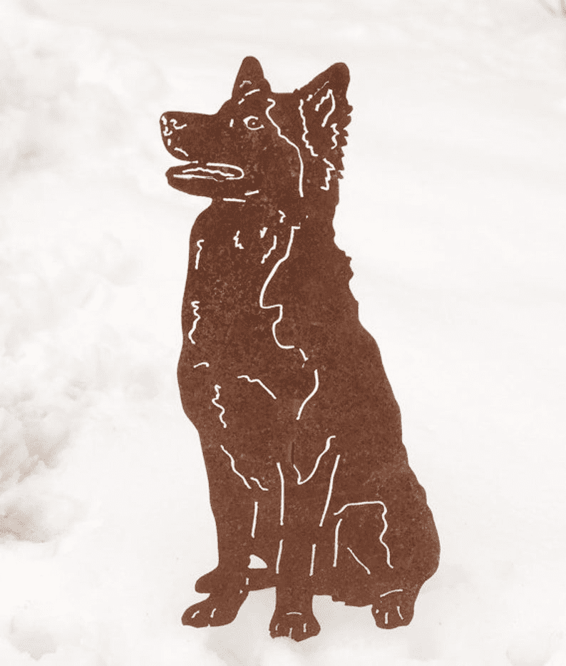 Husky garden stake by Rustica Ornamentals in rust finish metal lawn ornament on Tampa Home & Garden Store