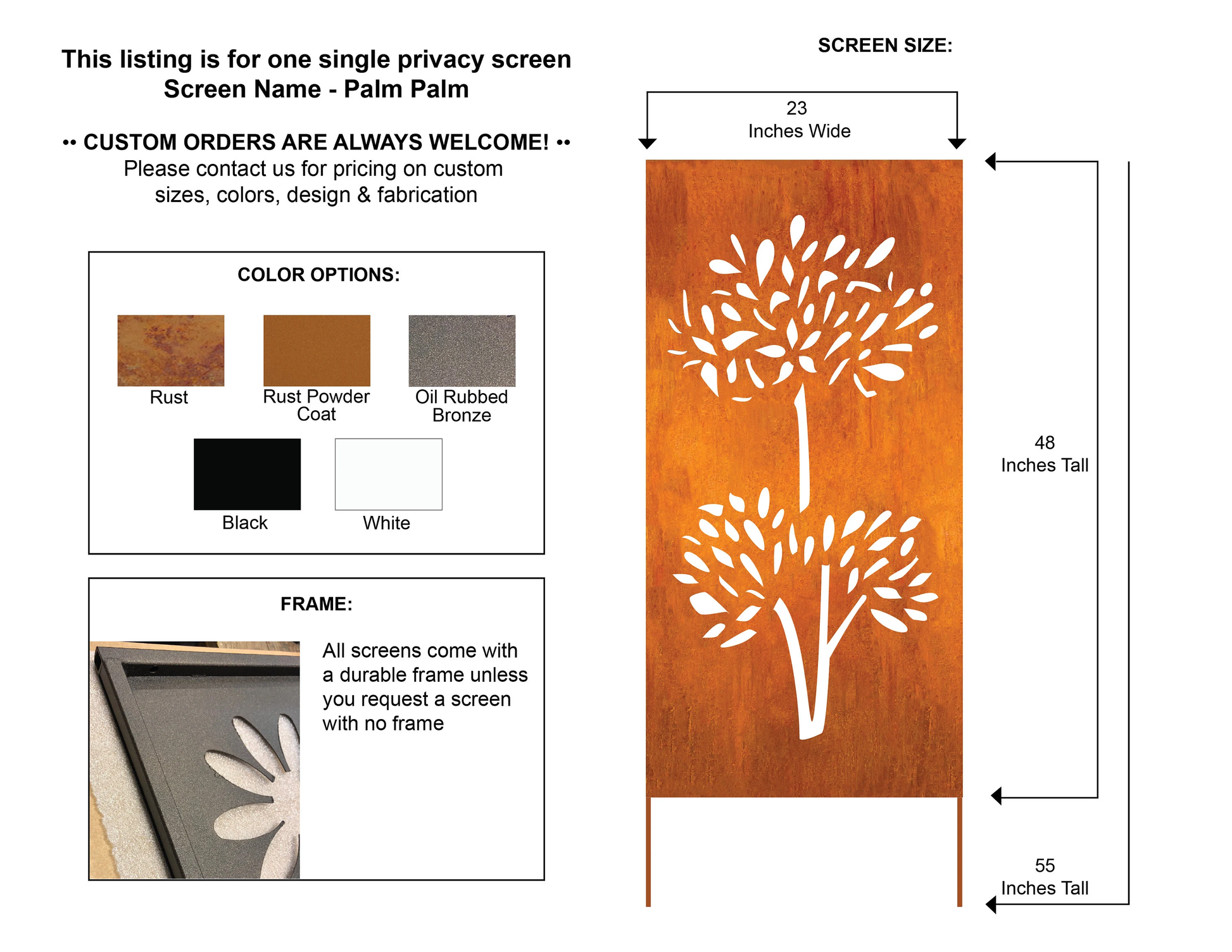 Outdoor Privacy Screen by Rustica Ornamentals, rust-orange panel with white tree silhouette on Tampa Home & Garden Store