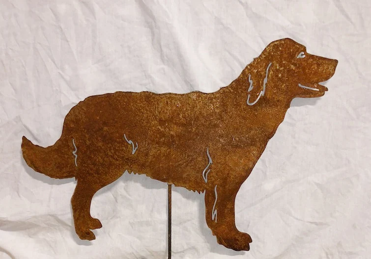 Golden Retriever garden stake by Rustica Ornamentals, rusty metal silhouette lawn ornament on Tampa Home & Garden Store