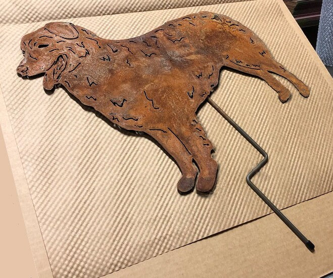 Australian Shepherd statue lawn ornament in rusted metal finish by Rustica Ornamentals on Tampa Home & Garden Store