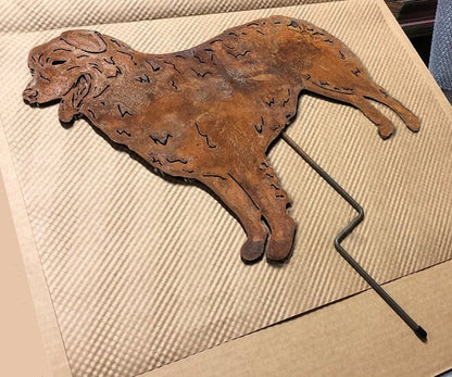 Australian Shepherd statue lawn ornament in rusted metal finish by Rustica Ornamentals on Tampa Home & Garden Store