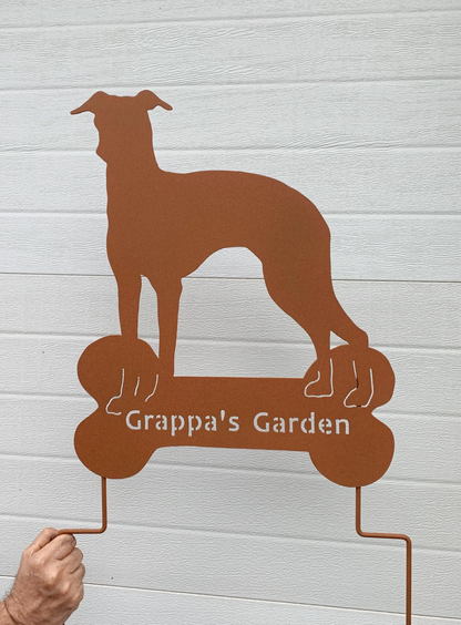 Italian Greyhound lawn ornament silhouette in rust metal with Grandpa's Garden base on Tampa Home & Garden Store