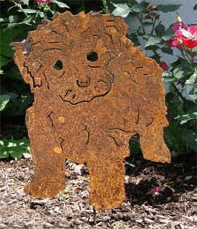 Tea Cup Poodle garden stake rusted metal lawn ornament wall hanging on Tampa Home & Garden Store