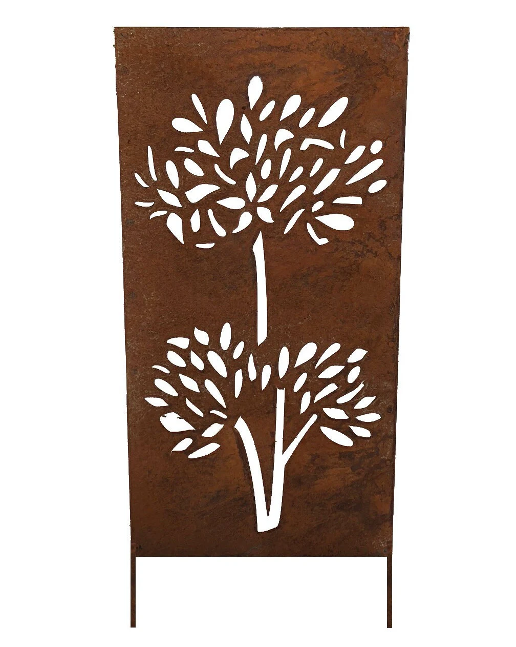 Large outdoor rusted-steel privacy panel with tree silhouette cutouts 60–72 in, Rustica Ornamentals on Tampa Home & Garden Store