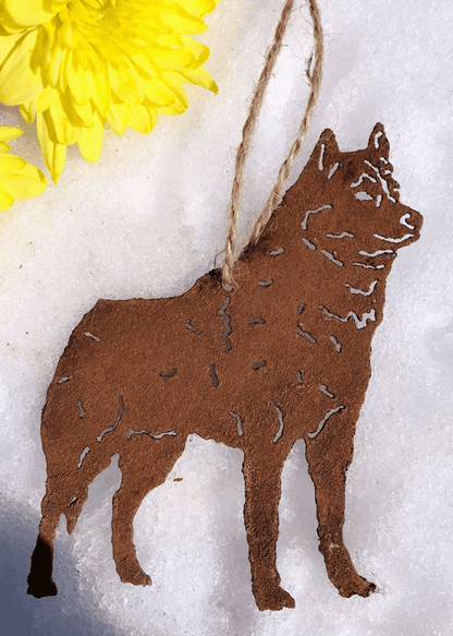 Siberian Husky plant stake in rust metal with jute hanger by Rustica Ornamentals Decor on Tampa Home & Garden Store