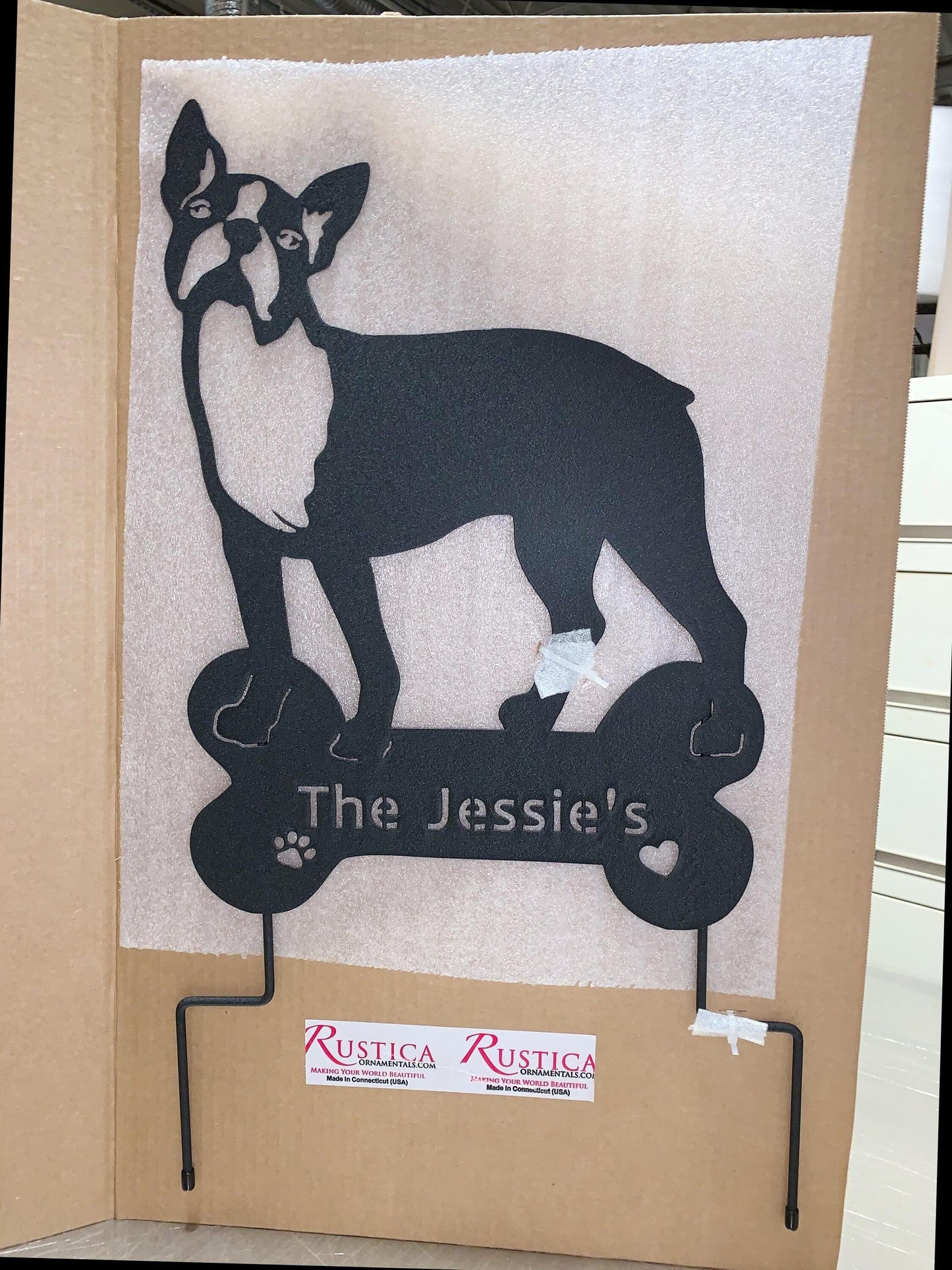 Boston Terrier memorial wall art silhouette in black metal with plaque by Rustica Ornamentals on Tampa Home & Garden Store
