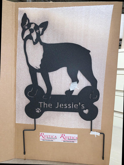 Boston Terrier memorial wall art silhouette in black metal with plaque by Rustica Ornamentals on Tampa Home & Garden Store