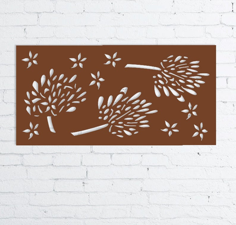 Privacy screens outdoor metal wall art panel 46in rust finish with white leaf cutouts on Tampa Home & Garden Store