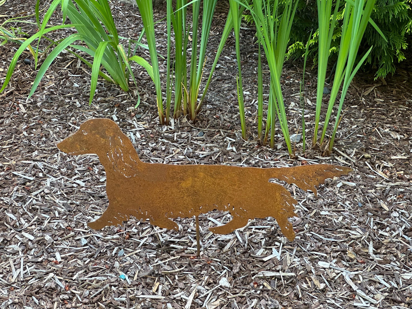 Long Haired Dachshund lawn ornament metal silhouette on stake Rustica Ornamentals on Tampa Home & Garden Store