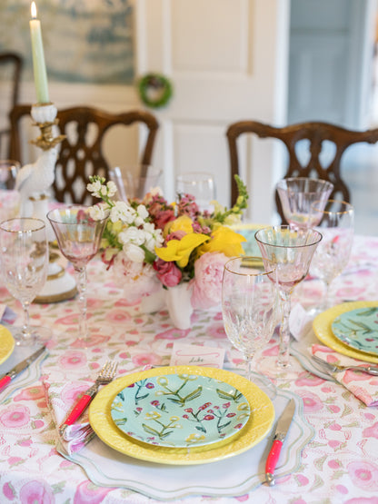 Set of Honeysuckle china plates by Erin Donahue Tice turquoise floral on yellow charger on Tampa Home & Garden Store