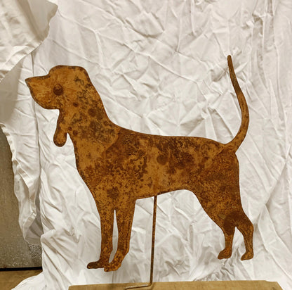 Black and Tan Coonhound garden stake silhouette in rusty metal on Tampa Home & Garden Store