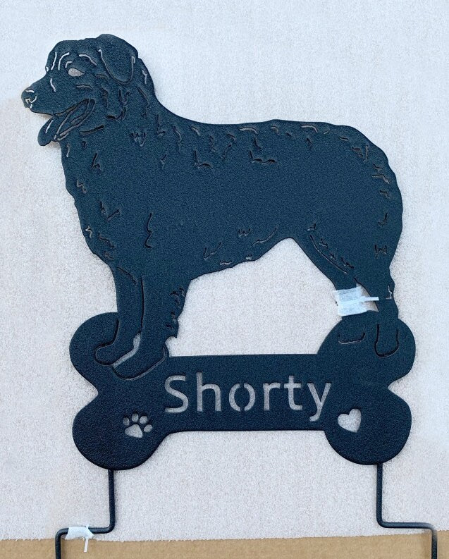 Australian Shepherd lawn ornament silhouette in black metal with bone base Shorty on Tampa Home & Garden Store