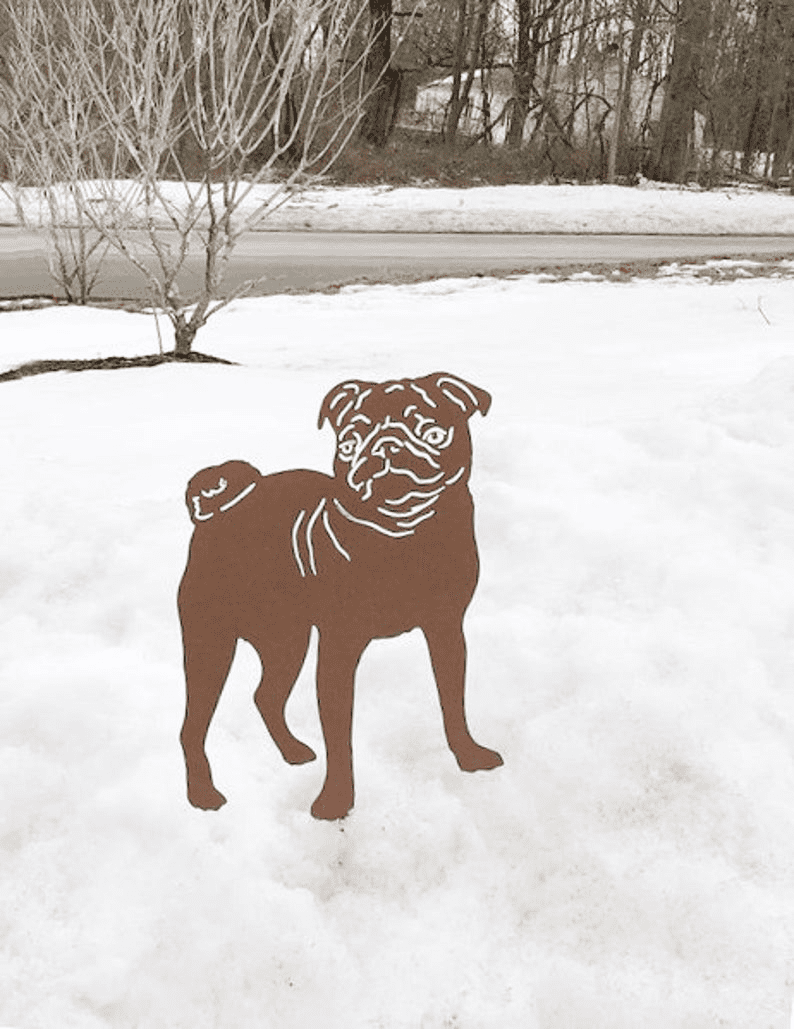 Pug garden stake metal silhouette in rust color by Rustica Ornamentals, lawn ornament on Tampa Home & Garden Store